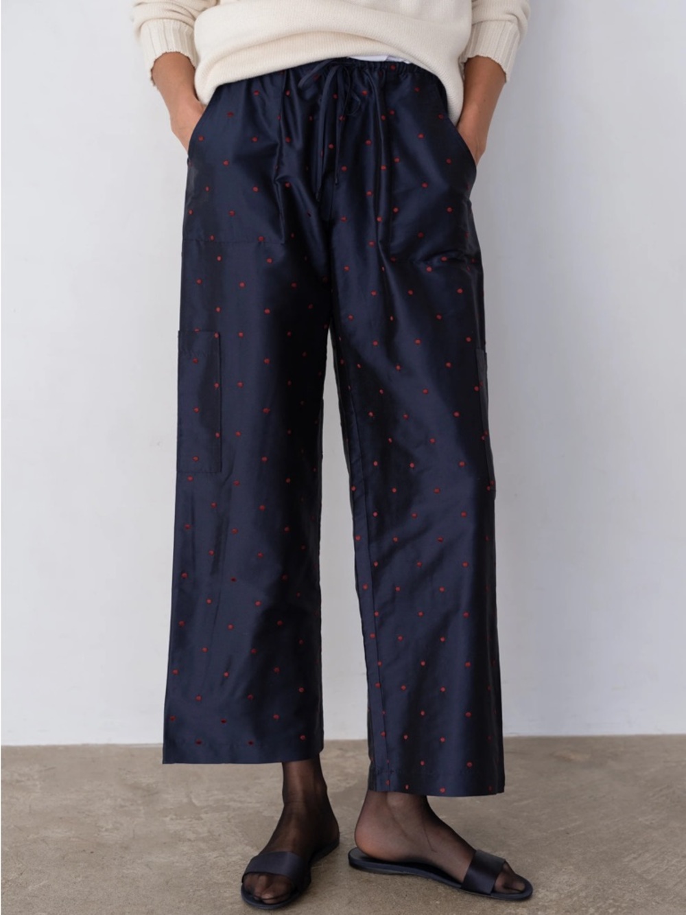 NWT DONNI. Silk Taffata Polka Drawstring Cargo Pant Navy Sz XS Swiss Dot Luxury